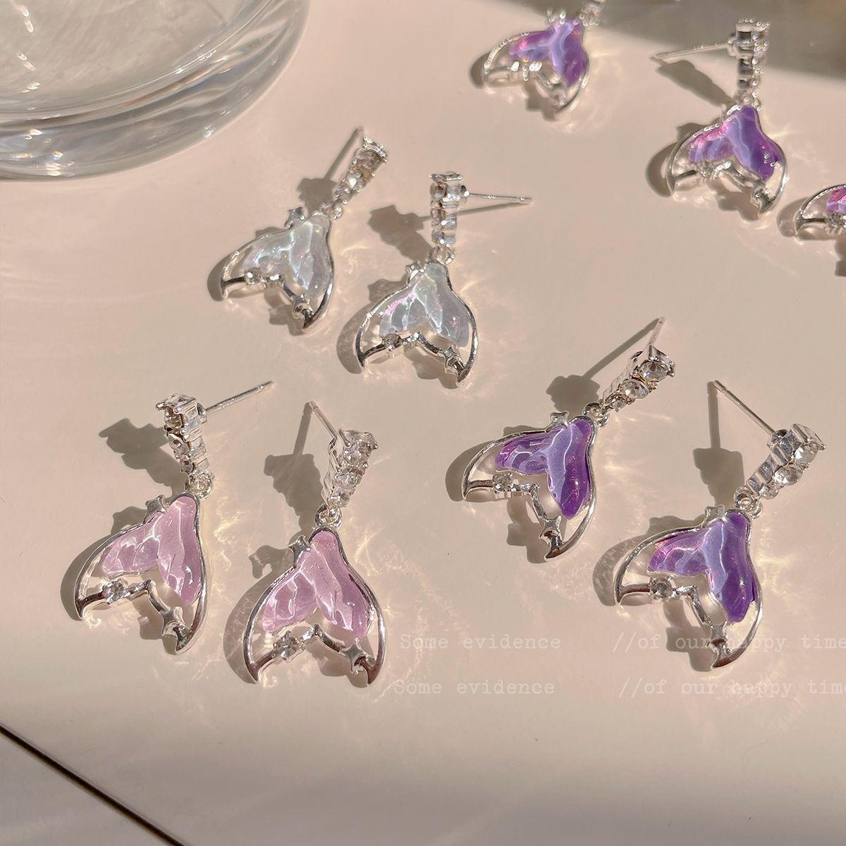 Mermaid Girl Laser purple fishtail earrings, women's silver needle, niche design, exquisite and sweet, summer fresh and delicate earrings full figure