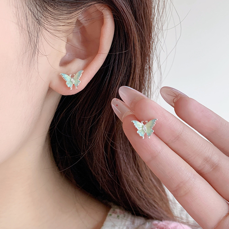 Summer sweet mint Mambo butterfly earrings set for women, silver needle, fresh and delicate flower, niche luxury and versatile earrings details Picture