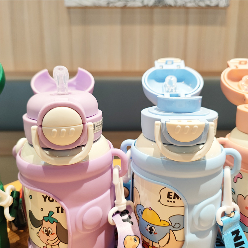 New creative 316 stainless steel double-drinking insulated cup for students, high appearance level, cartoon lanyard, portable shoulder strap, straw cup details Picture