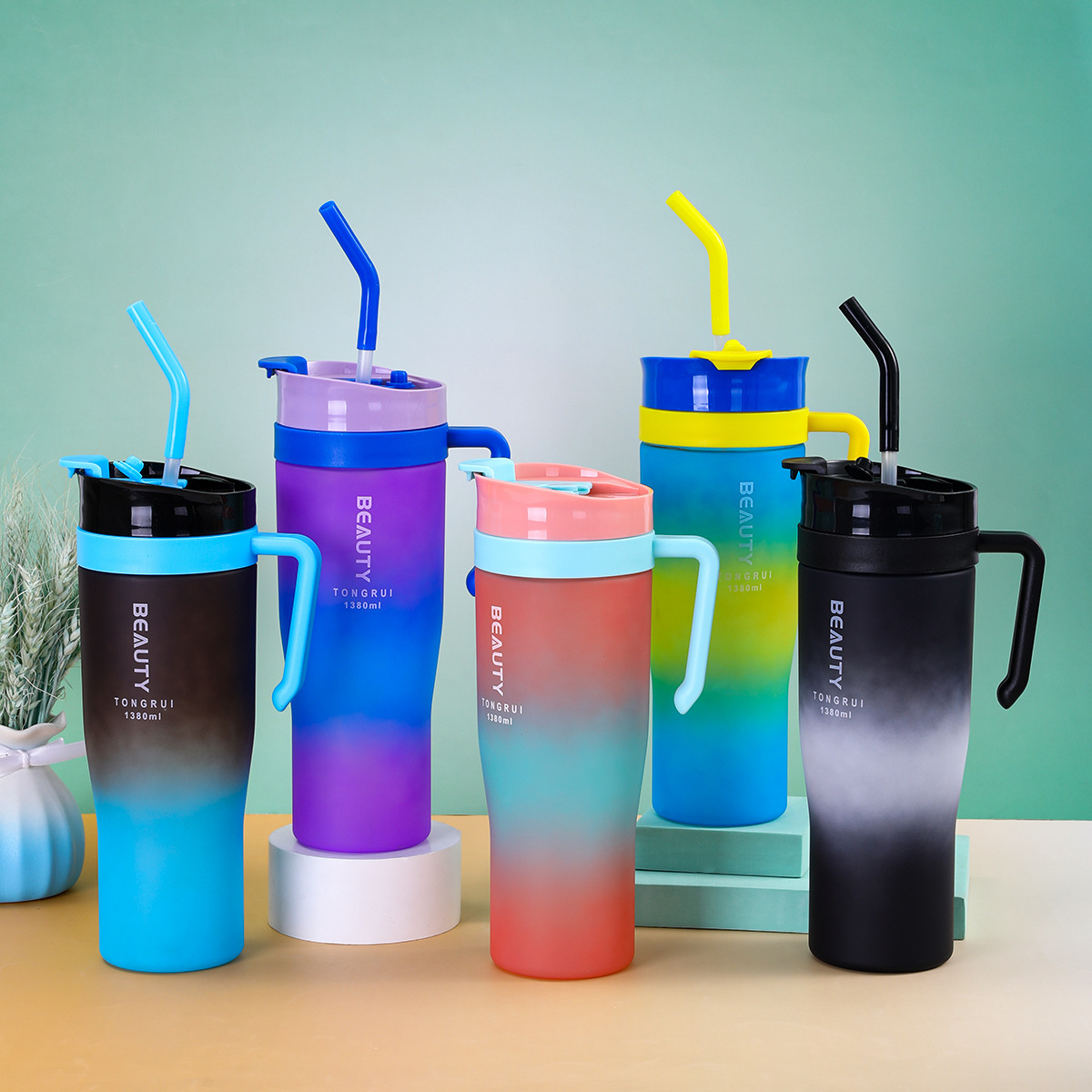 Cross-border 40oz three-piece set handle car cup, large-capacity sealed leak-proof straw cup, gradient color portable plastic cup Specification drawing