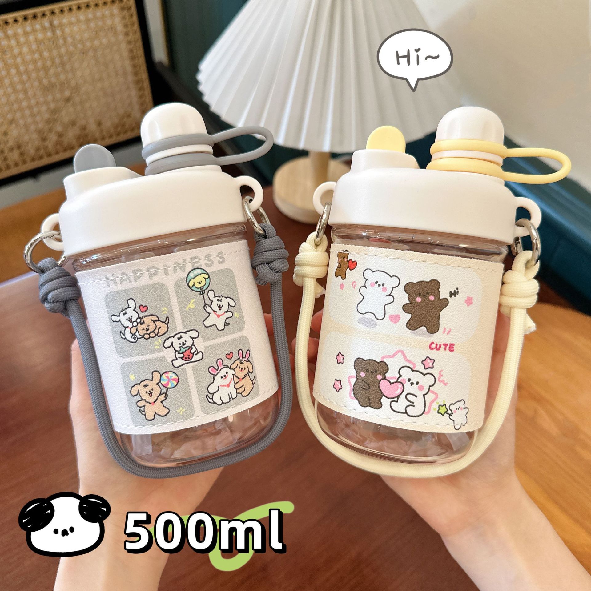 Cartoon leather case water cup, cute dog girl double-drinking straw cup, high appearance level, portable student plastic cup Application Scenario