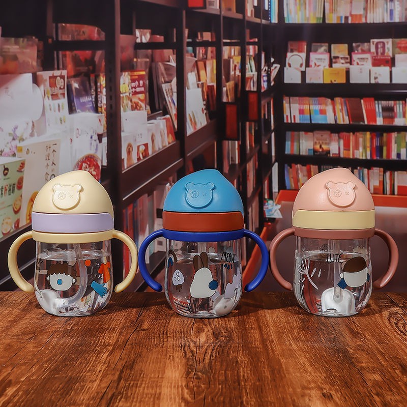 2024 New infant and toddler bite suction cup drinking Cup, cute cartoon baby anti-choking gravity ball straw cup handle full figure