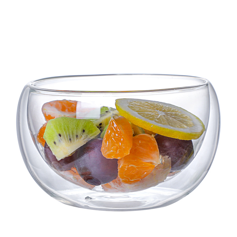 Japanese-style double-layer insulated glass bowl, transparent household double-layer fruit salad bowl, cereal breakfast salad bowl Item Picture