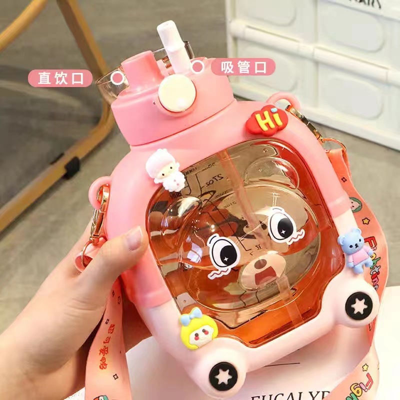 Summer children's water cup, high appearance level, large-capacity portable straw cup, 1000ML Magic Bear plastic water bottle details Picture