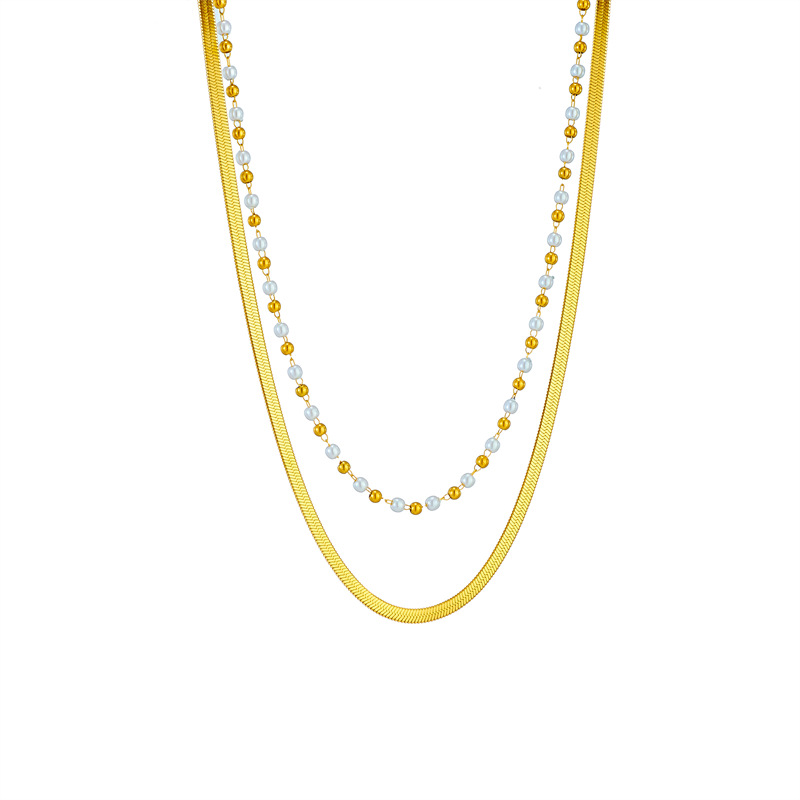 European and American cross-border creative and personalized irregular metal beaded chain titanium steel flat snake chain high-end double-layer necklace Item Picture
