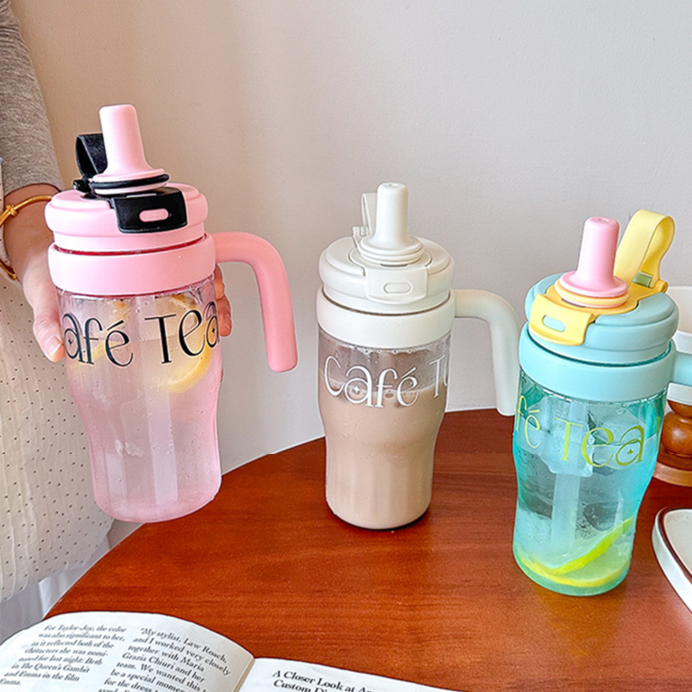 Simple summer water cup for women, double-drinking with handle, tabletop plastic cup, high appearance level, couple's home straw cup Specification drawing