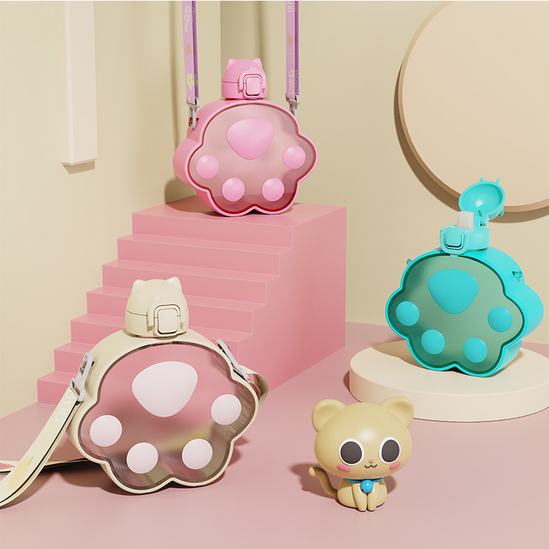 Cross-border new products: High appearance level, children's creativity, students' cute cat paw plastic water cup, straw, portable shoulder strap cup, water bottle Specification drawing