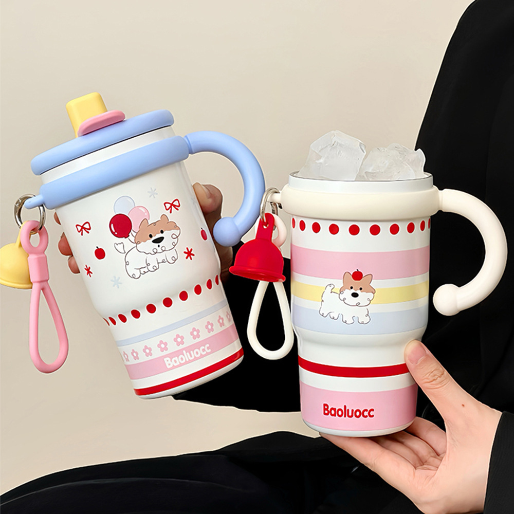 New cartoon handle water cup, women's desktop double-drinking coffee cup, portable ceramic inner liner, stainless steel insulated cup full figure