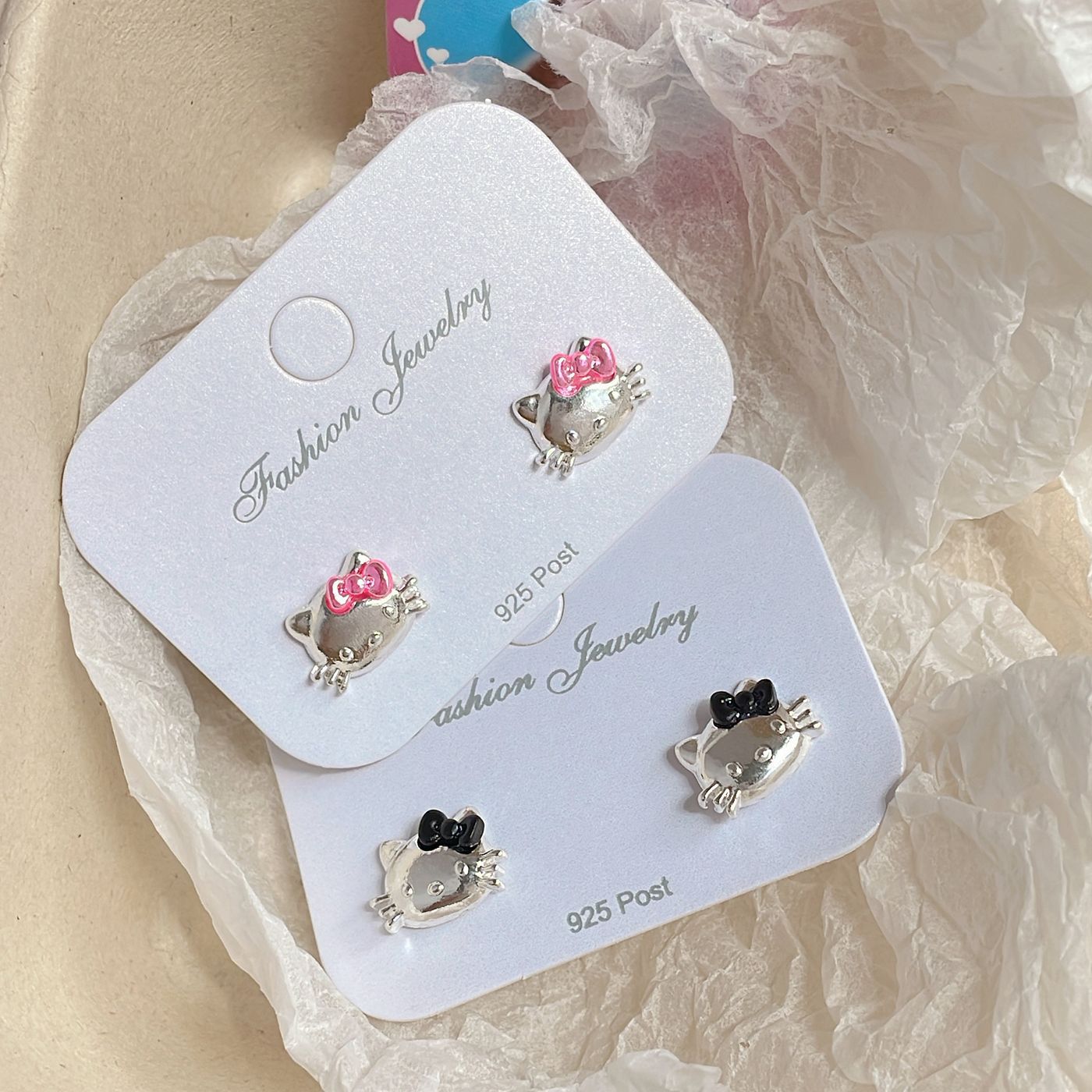 Cute Y2K cute cat bow stud earrings for girls, 925 silver needle, niche design sense, pink sweet student earrings Specification drawing
