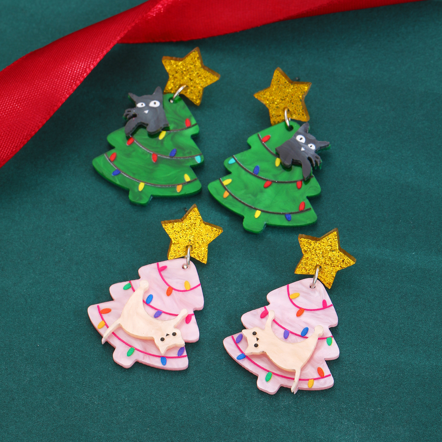 New cross-border Christmas tree, kitten, star creative stud earrings, Christmas earrings, acrylic earrings for women from Europe and America details Picture
