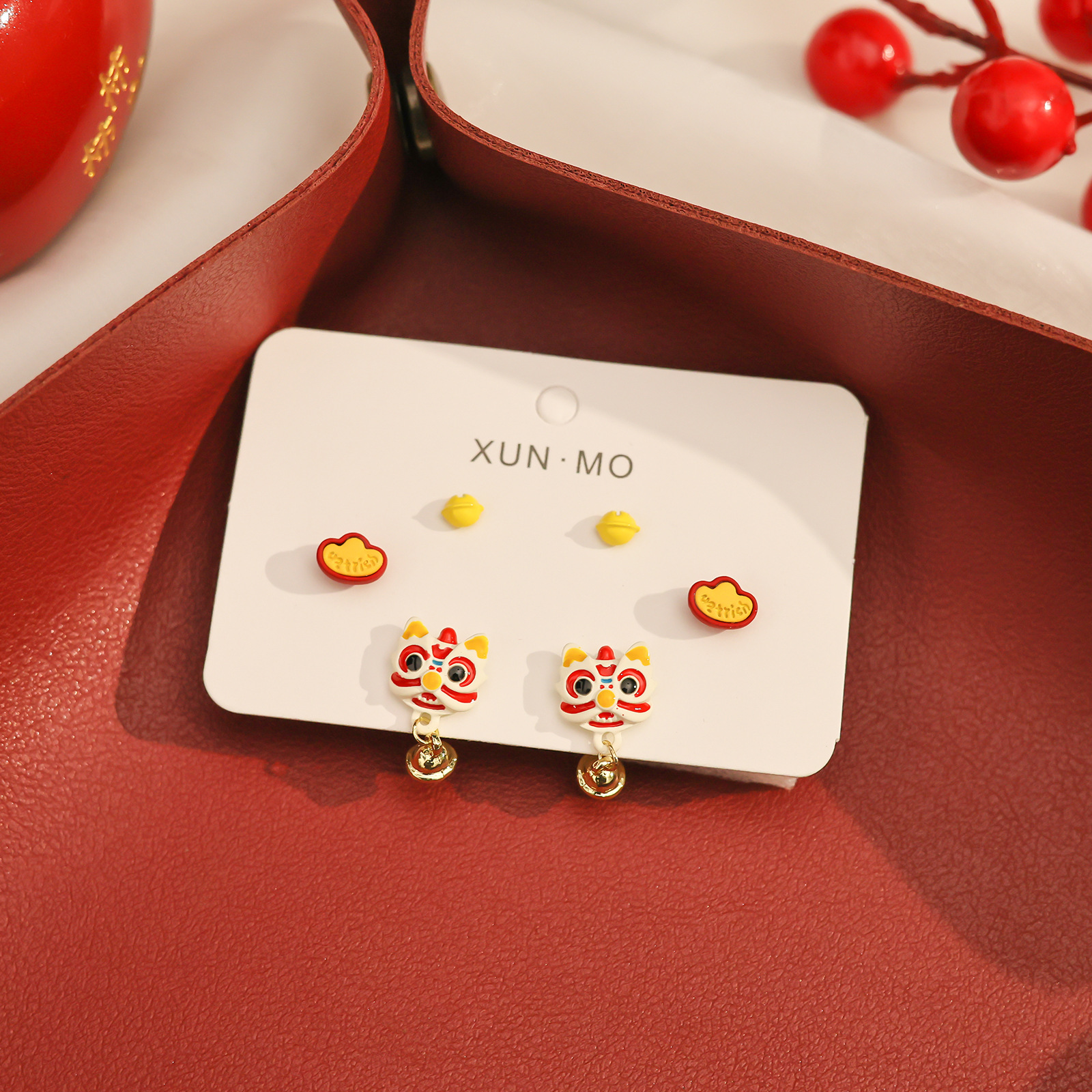New festive silver needle stud earrings set for the Spring Festival in 2025, cute wine-red cherry earrings, and retro Chinese-style earrings Item Picture