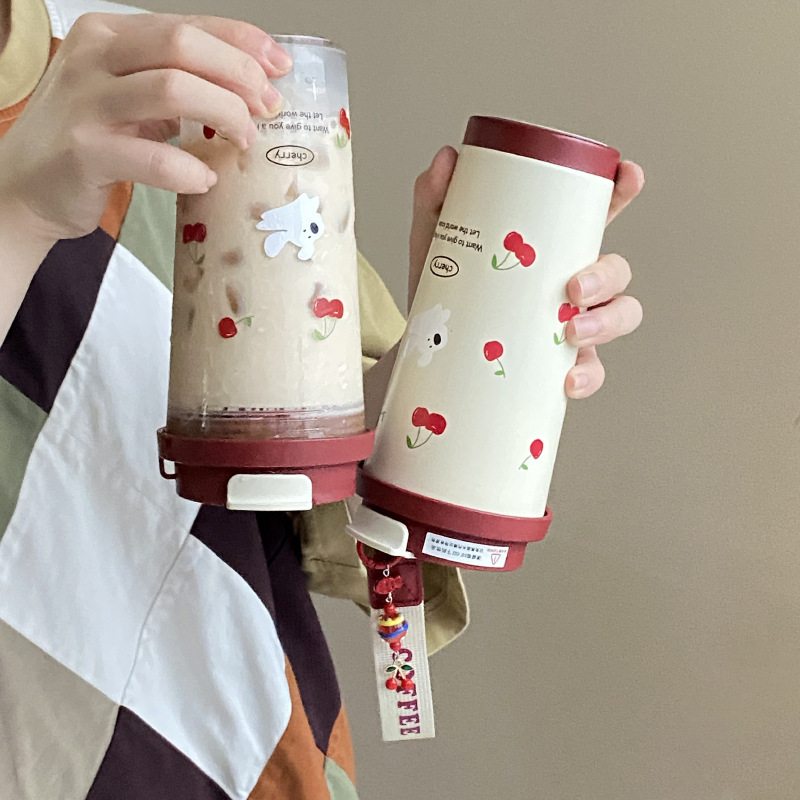 The same summer dual-drink red cherry puppy cup as Xiaohongshu, portable large-capacity coffee cup, car water cup and travel cup details Picture
