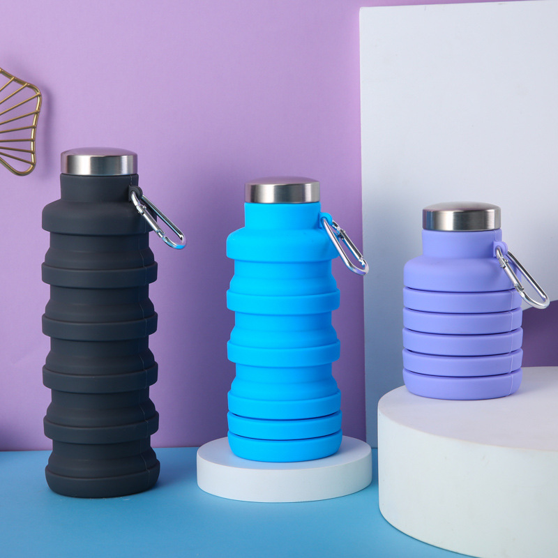 Cross-border platinum silicone sports water bottle, outdoor portable telescopic folding water bottle, anti-drop silicone folding water cup details Picture
