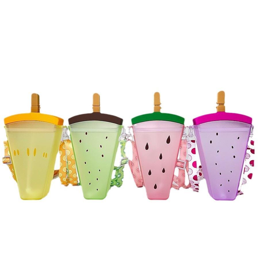 Wholesale creative ice cream watermelon cups with portable straps, European and American standards, custom PC plastic water cups with color changes Item Picture