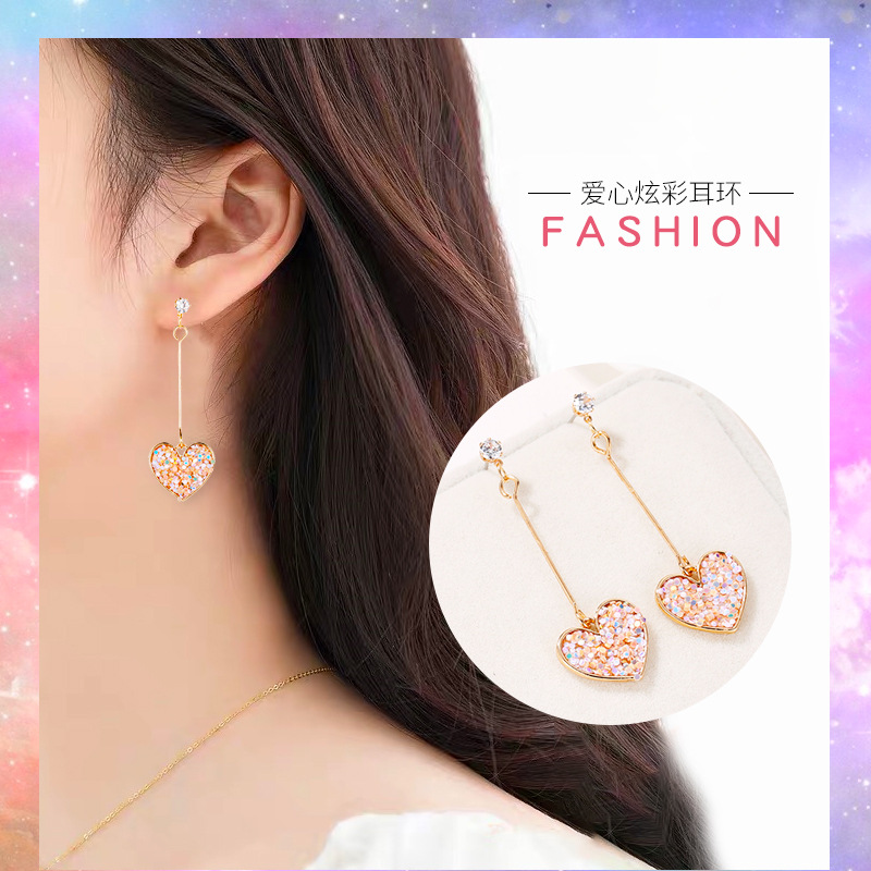 Korean-style fresh and cute heart-shaped tassel stud earrings, sweet Internet celebrity style, colorful earrings, fashionable and versatile, trendy accessories wholesale details Picture