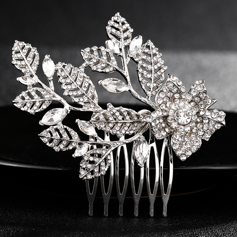Mianino accessories, leaf flower side comb, European and American simple style hair comb, insert comb, alloy rhinestone bridal hair accessory details Picture