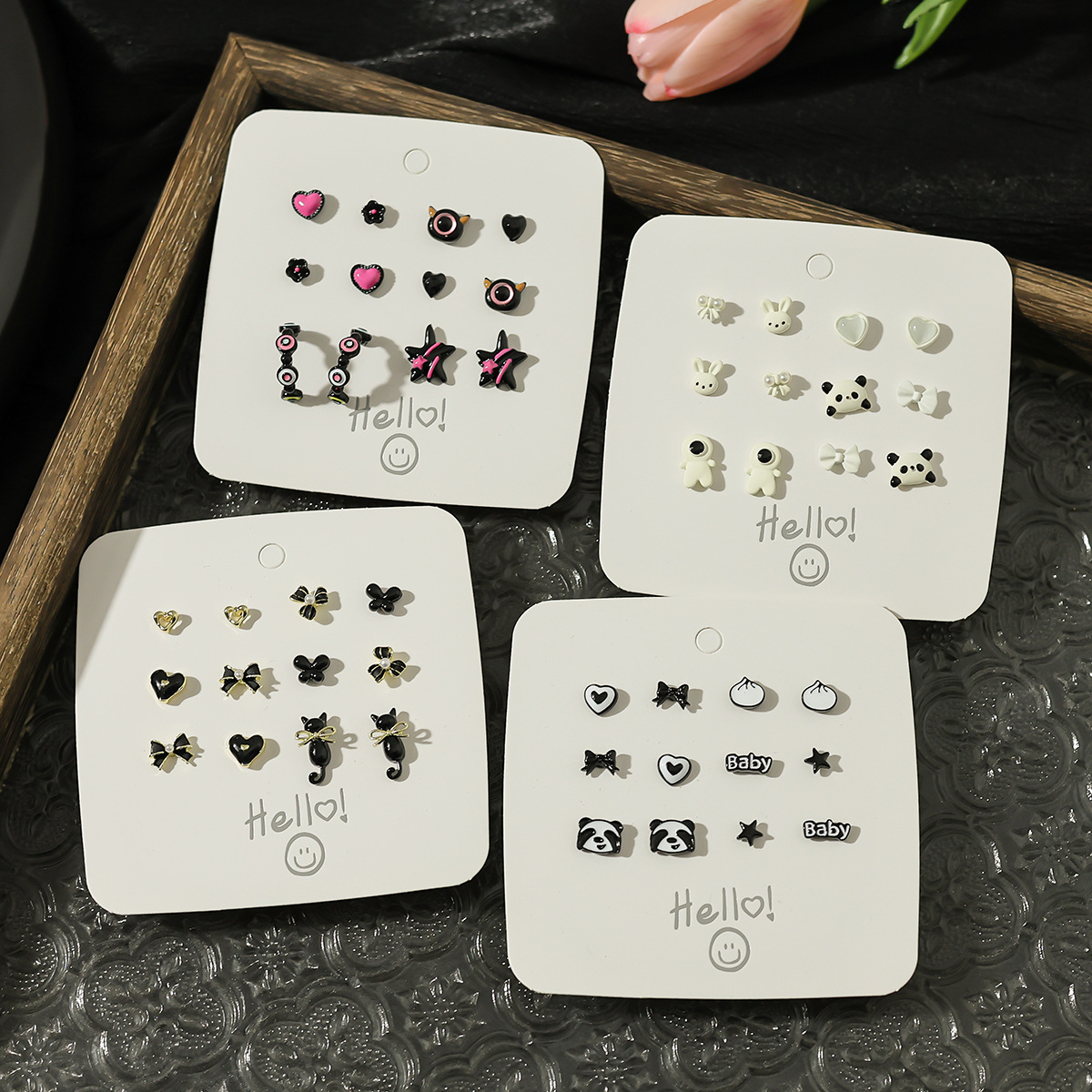 New black style, simple and elegant stud earrings, cute cartoon, versatile student earrings, niche design sense earrings for women wholesale Specification drawing