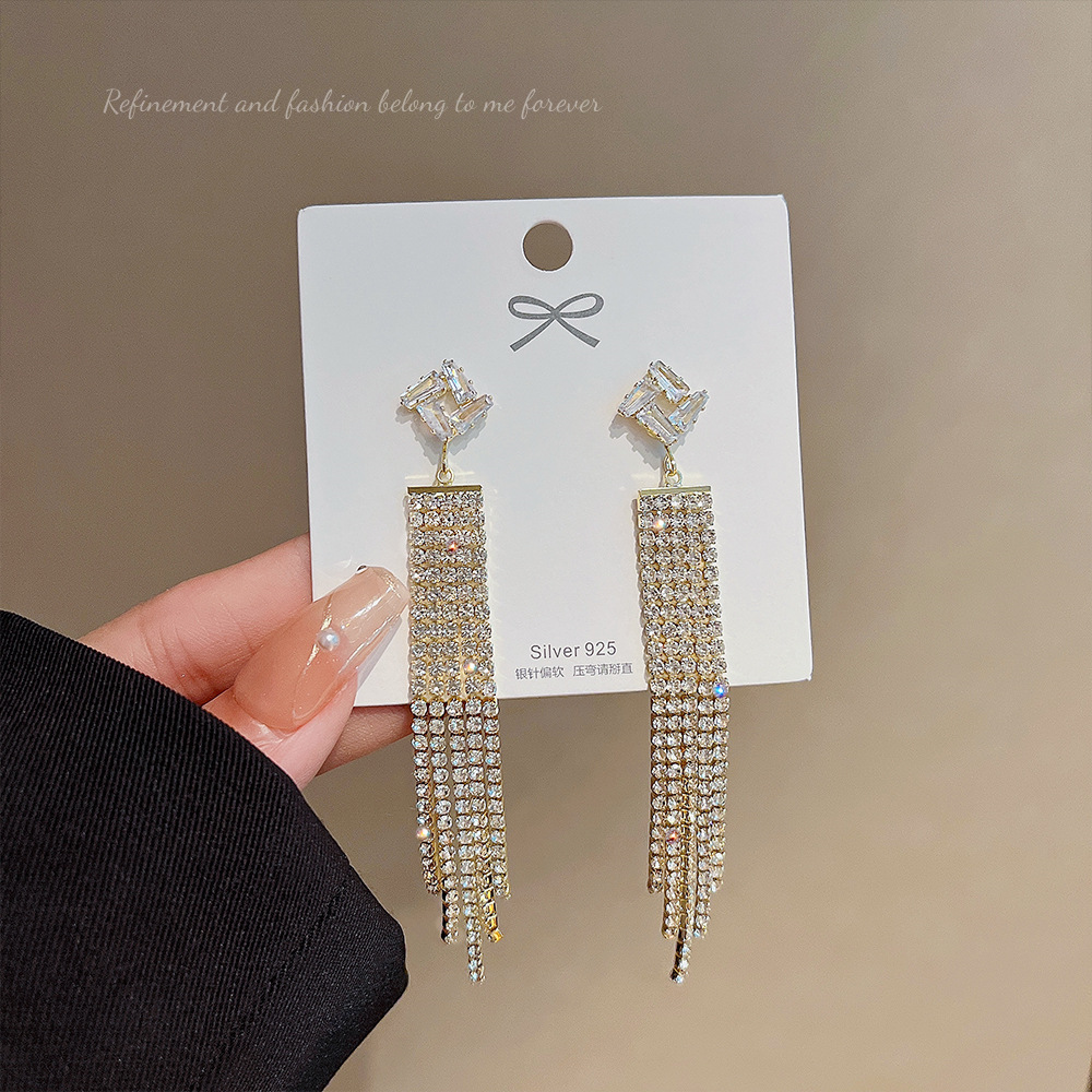 925 Silver needle Super Sparkling Full Diamond long tassel earrings, women's Instagram trendy, light luxury and niche design sense stud earrings wholesale details Picture