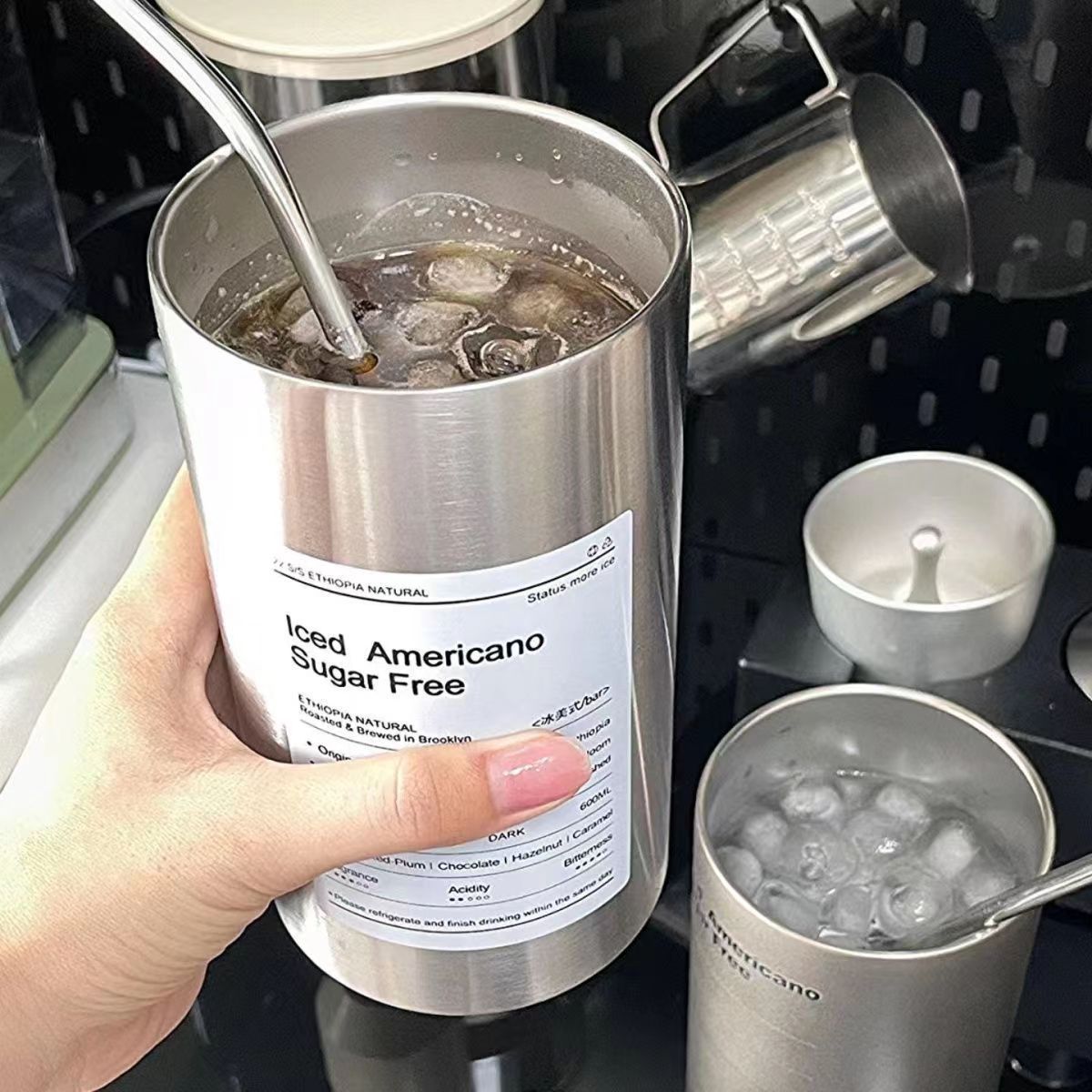 304 stainless steel high-appearation-level insulated cup, latte Americano cup, InS-style Korean ice cube cold drink straw cup Specification drawing