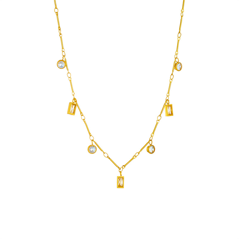 A simple, niche and fashionable square, round, diamond-encrusted pendant, chain, titanium steel jewelry from Japan and South Korea. It's a versatile, exquisite and compact necklace Item Picture