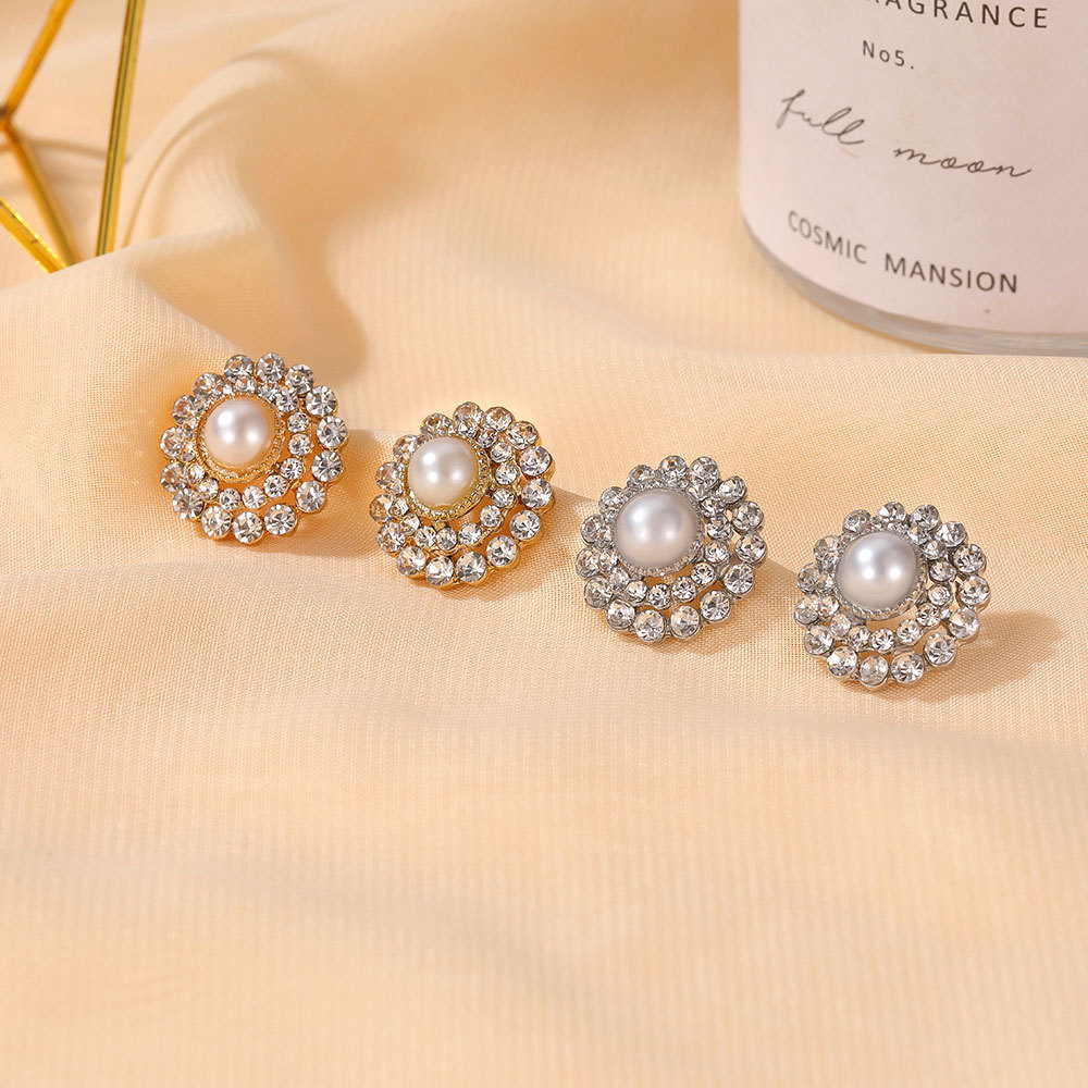 Cross-border round pearl sunflower stud earrings, Korean-style alloy full diamond earrings, fashionable zircon geometric earrings details Picture