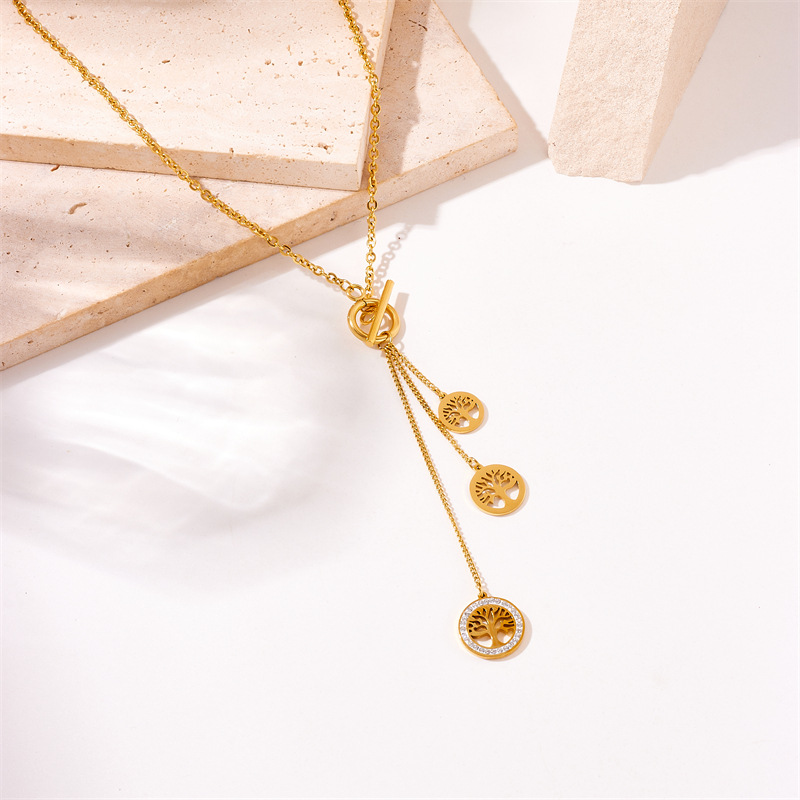 European and American fashionable and individual design, retro gold-plated titanium steel chain tassel life tree pendant accessory necklace Specification drawing