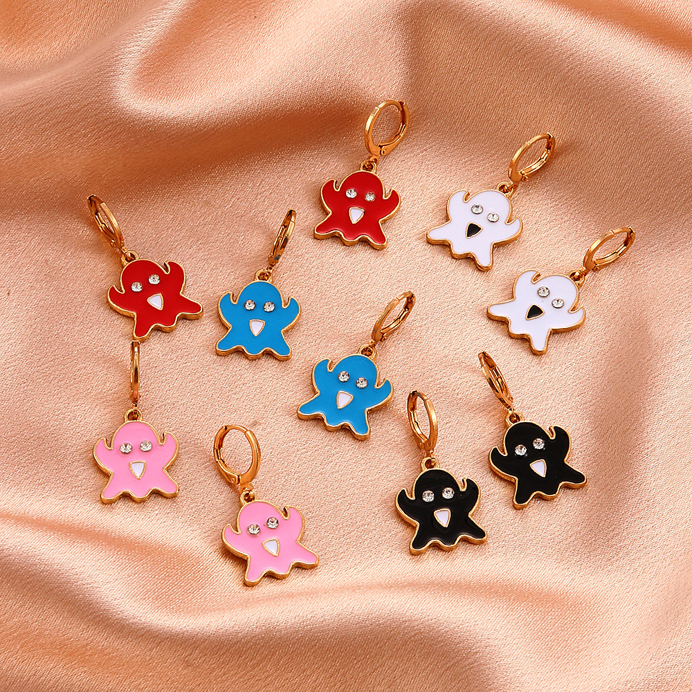 European and American cross-border oil-dripping colored ghost earrings, exaggerated and funny alloy cartoon ghost face earrings, Halloween gifts details Picture