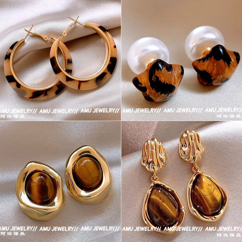Zhao Lusi's leopard print circle earrings, women's retro tiger's eye stone exaggerated stud earrings, 2024 new bestseller earrings full figure