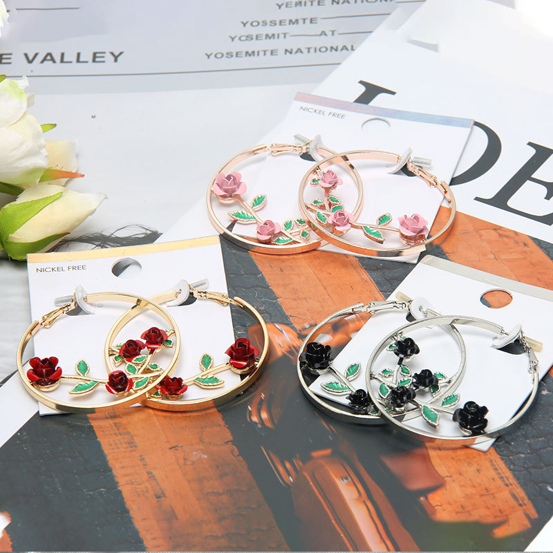 Amazon women's cross-border trendy large earrings from Europe and America, multi-color rose-shaped exaggerated round high-end earrings full figure