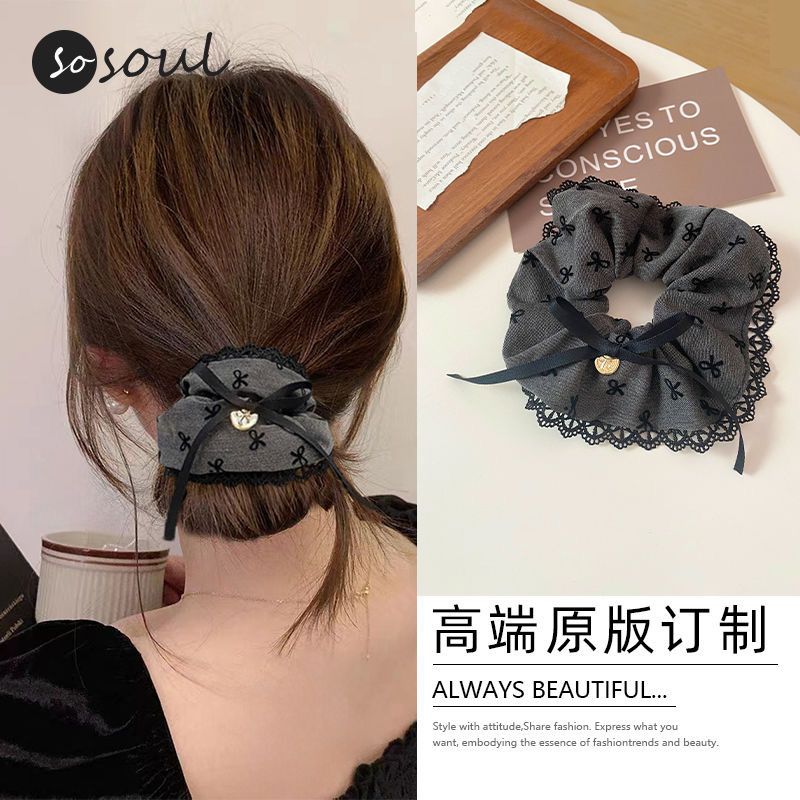 Grey bow ribbon hair band, autumn and winter large intestine band, new Korean-style hair tie, low ponytail hair tie, leather band accessory Application Scenario