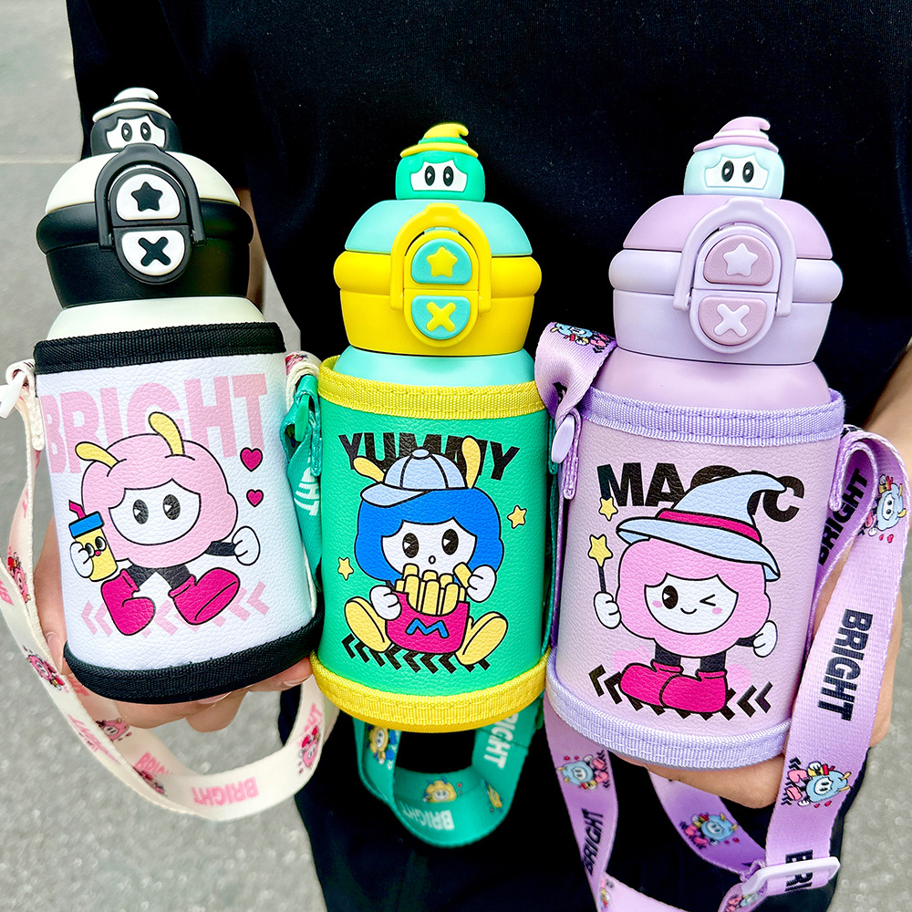 New cartoon children's double-drinking straw cup, 316 stainless steel water bottle, portable anti-drop, slanted span, high appearance level insulated cup Specification drawing