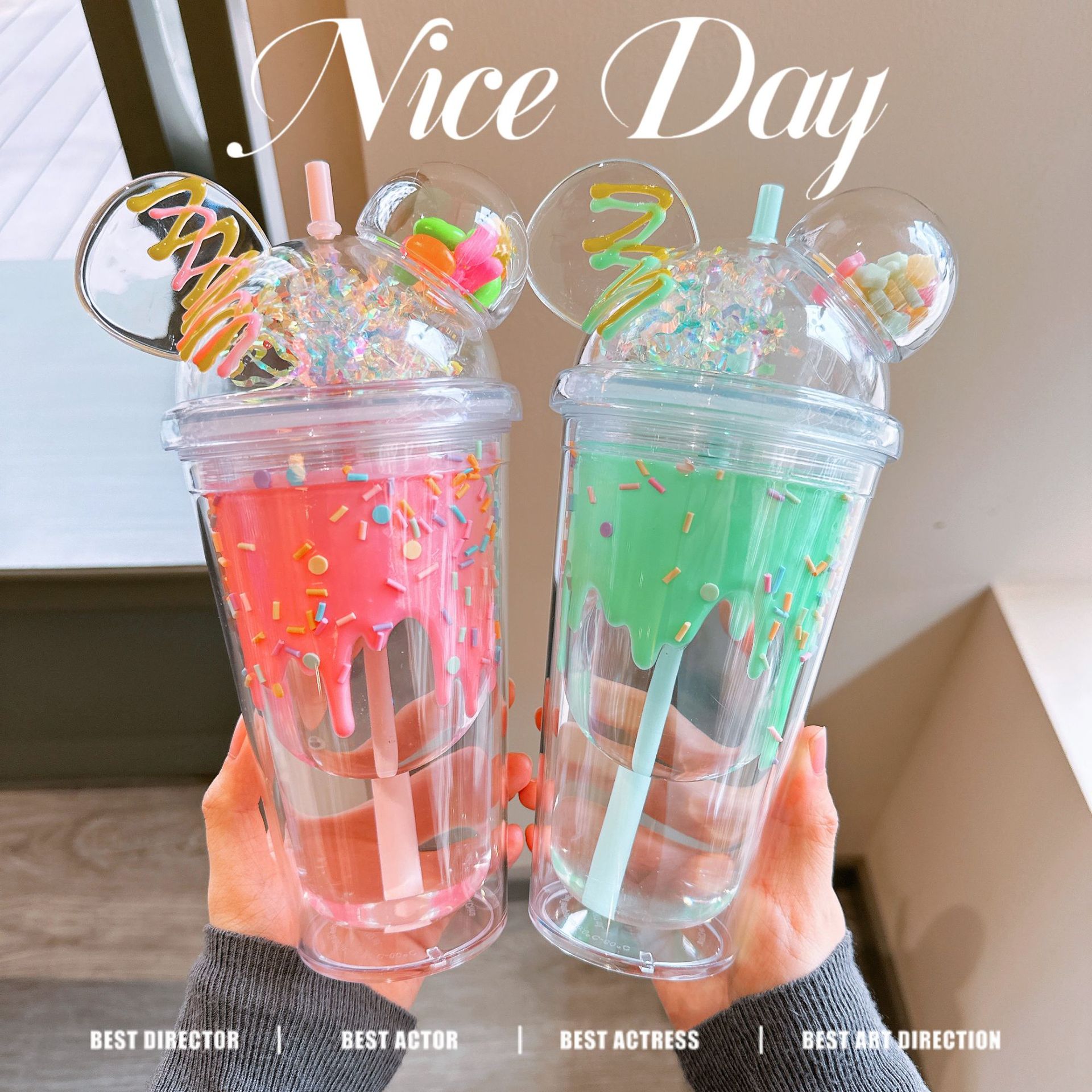 New summer straw cup, high appearance level, girls' office water cup, creative ice cream transparent double-layer plastic cup full figure
