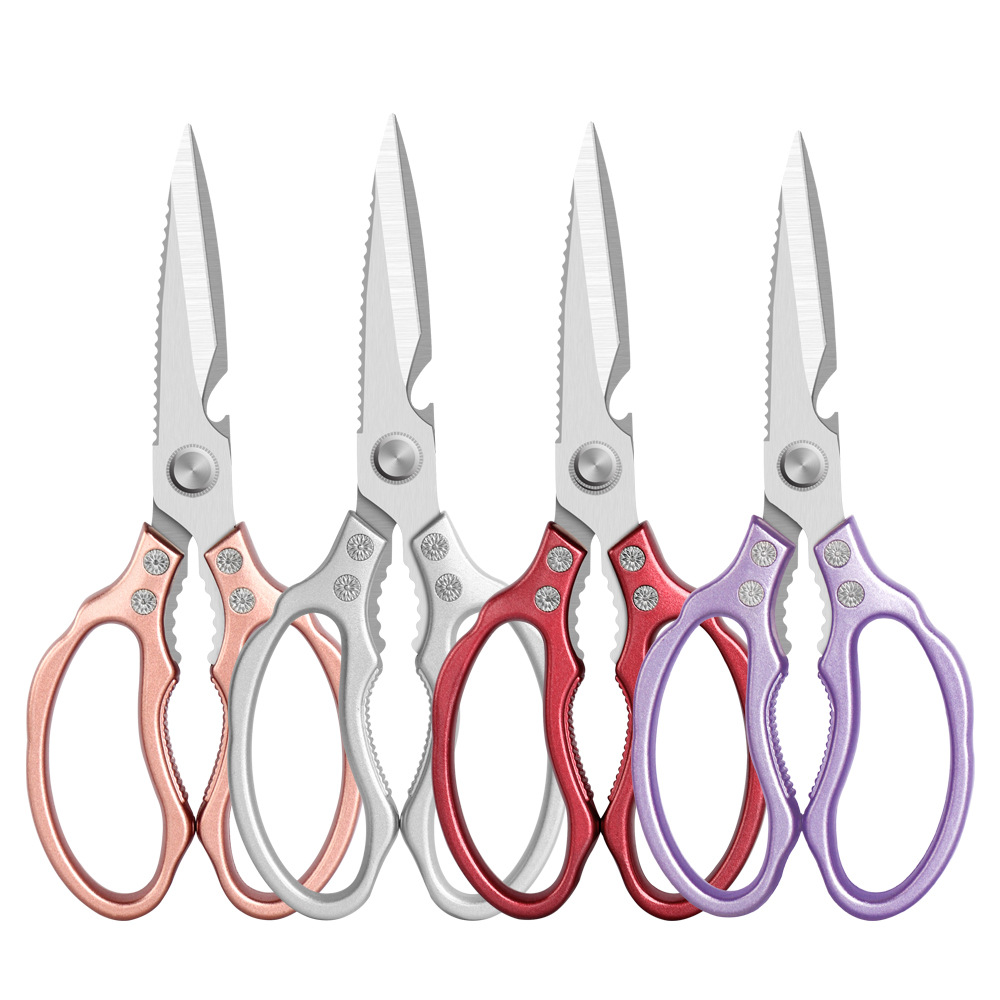 ins kitchen scissors wholesale: Aluminum alloy multi-functional lotus scissors, chicken bone and fish killing household scissors, all-steel SK5 scissors Item Picture
