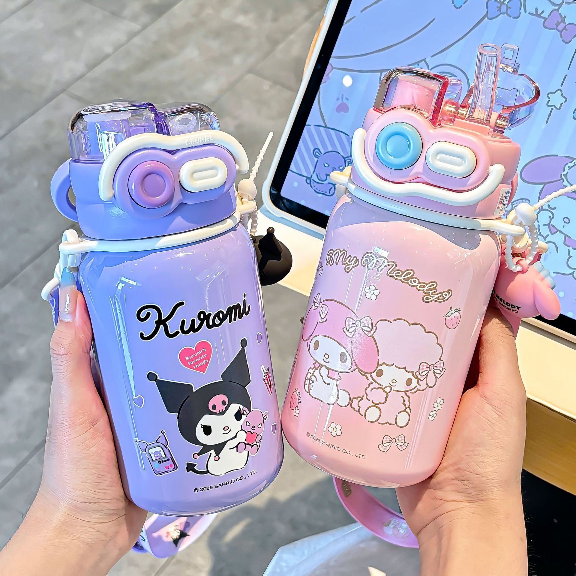 Cute Sanrio Family series Wave double-drinking thermos cup, silicone spout adjustable cup body rope portable water cup full figure