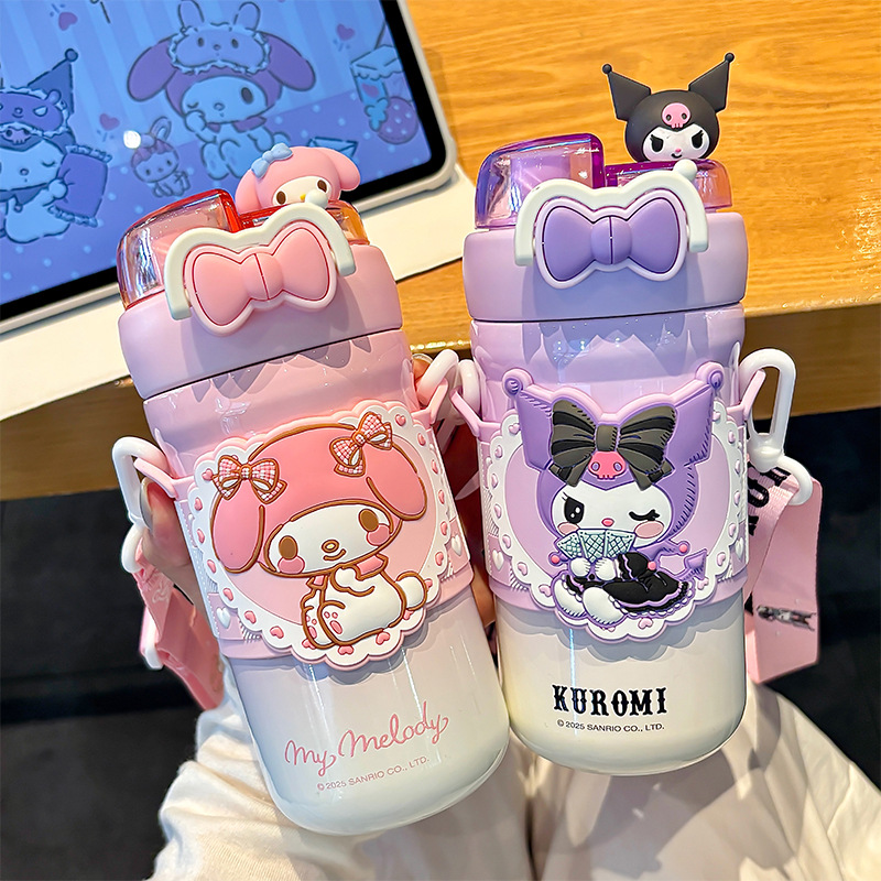 Cute Sanrio Family series bow student thermos cup, one double-drinking adjustable cup rope drinking cup full figure