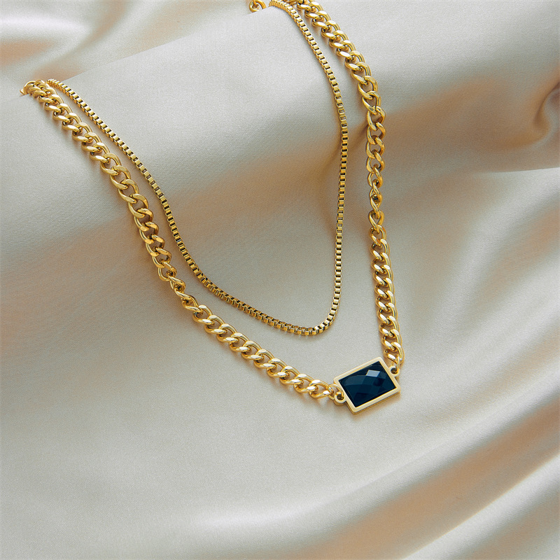 European and American cross-border high-end retro light luxury simple rectangular black diamond double-layer titanium steel non-fading chain necklace details Picture