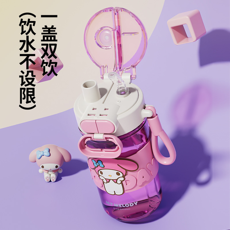Cartoon children's plastic cups, Sanrio officially authorized straw cups, cute figurines, double-drinking cups, bullet LIDS, portable cups Application Scenario