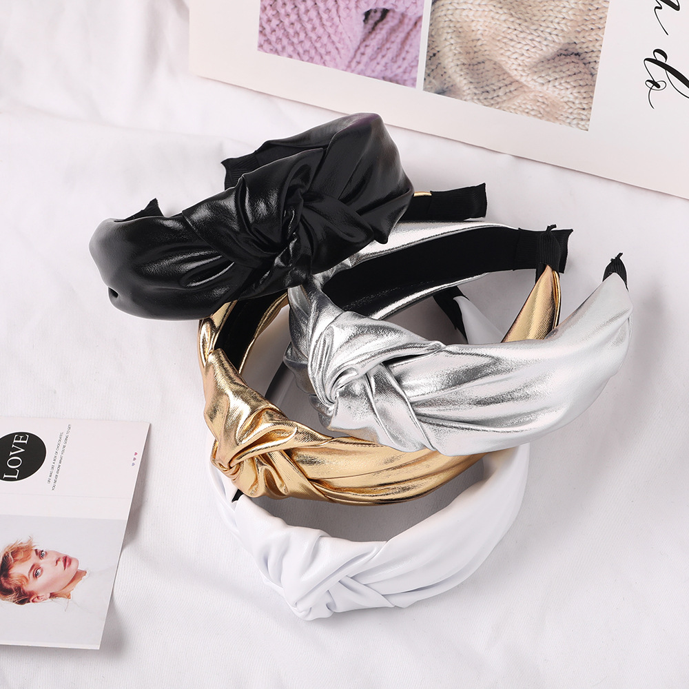 Qiyue's new bright-colored PU fabric middle knot headband, European and American solid color facial hair clip knot headband E2 Specification drawing