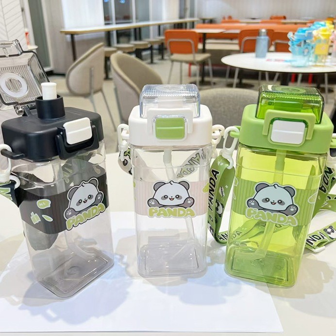 Yitong New Panda Simple Double-Drinking Plastic Cup, Portable square Cup, Cartoon Children's Water bottle, Lock buckle pop-up lid straw cup full figure