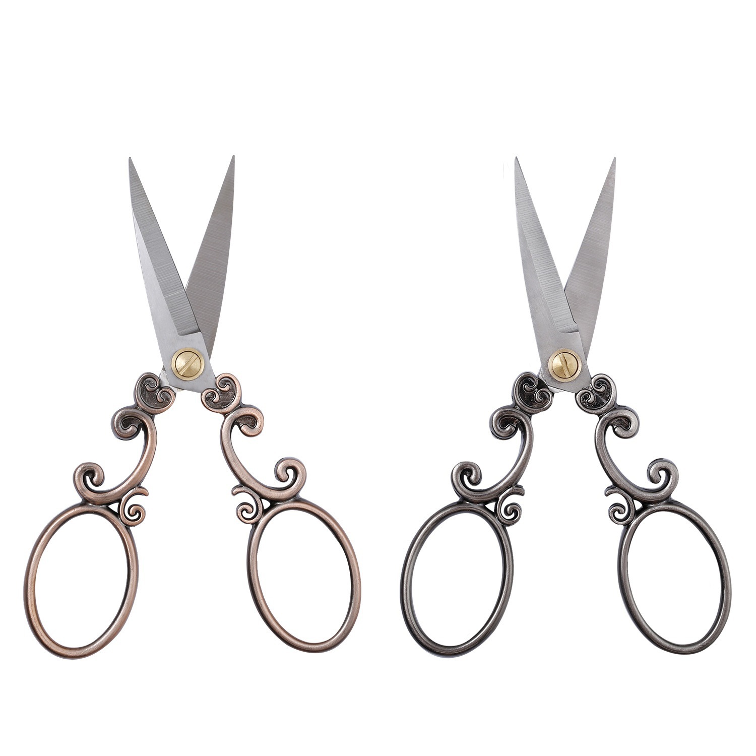 Retro scissors with European classical cut-edge patterns are available in two colors: bronze, silver and grey Application Scenario