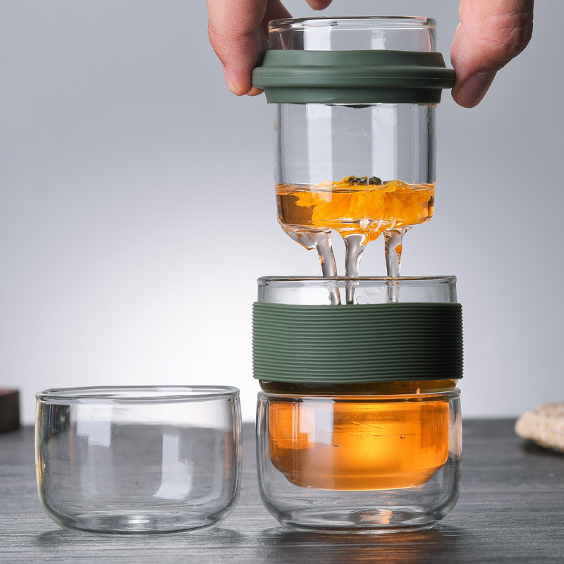 Wholesale high borosilicate glass tea brewing cups, three-piece cups, travel cups, Gongfu tea sets, tea-water separation cups, tea cups full figure