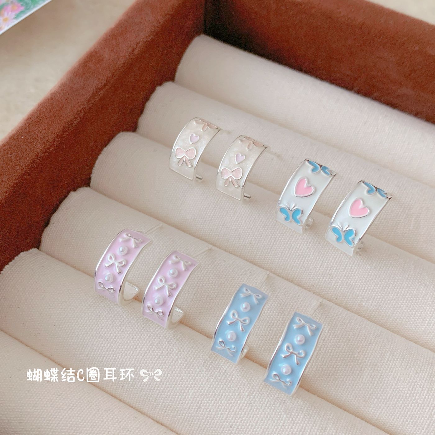 New sweet and exquisite oil-dripping bow C-ring stud earrings, silver needle for women, fresh butterfly, versatile earrings for students' temperament Specification drawing