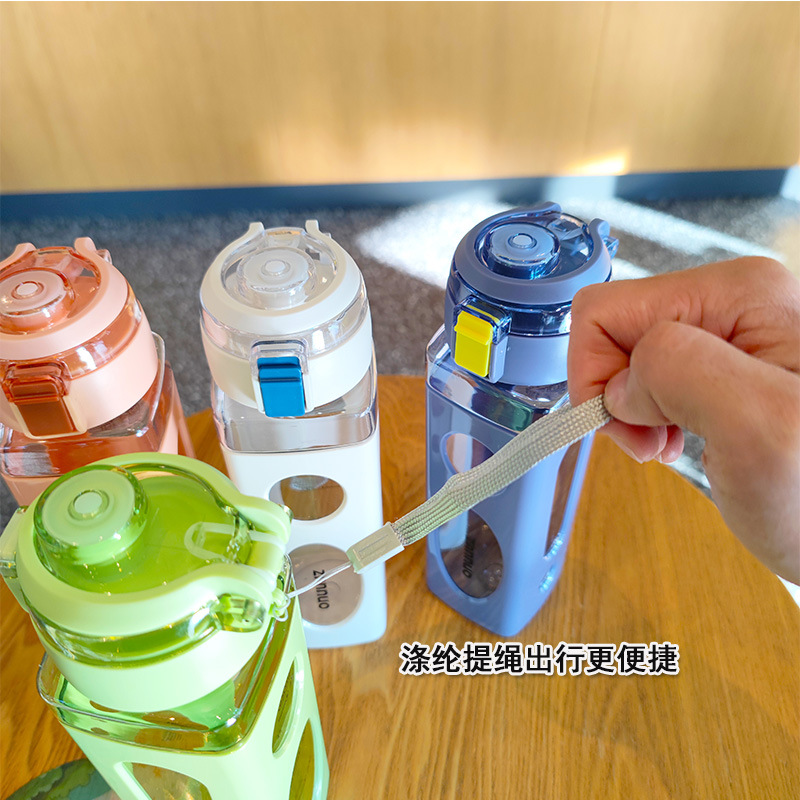 Summer double-layer pop-up lid, easy-to-hold portable rope drinking plastic cup, graduated sports water bottle, 650ml for male and female students Specification drawing
