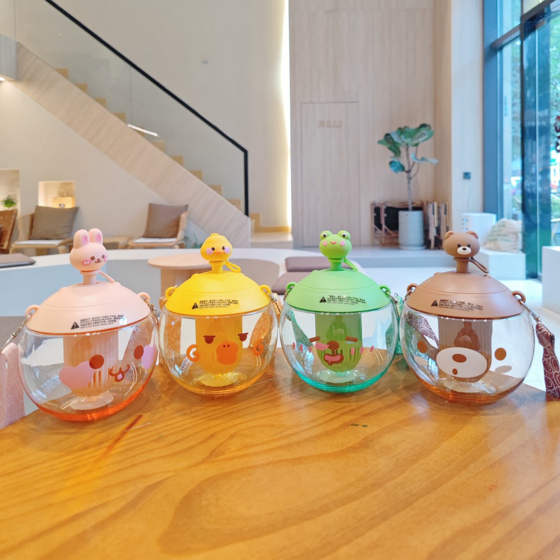 Creative round ball plastic cups, cute and adorable children's straw cups, cartoon dolls, high appearance level filter water cups wholesale Specification drawing