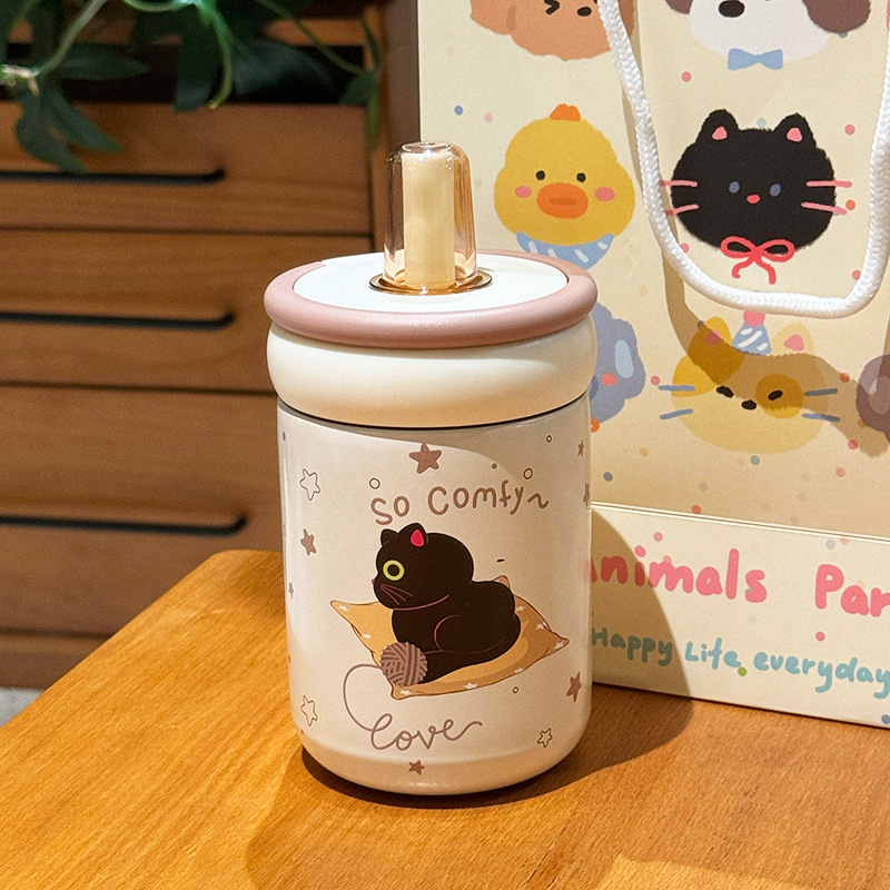Cute little cat drinking water thermos cup, simple and elegant, exquisite and portable, small water cup for girls, stainless steel cup full figure