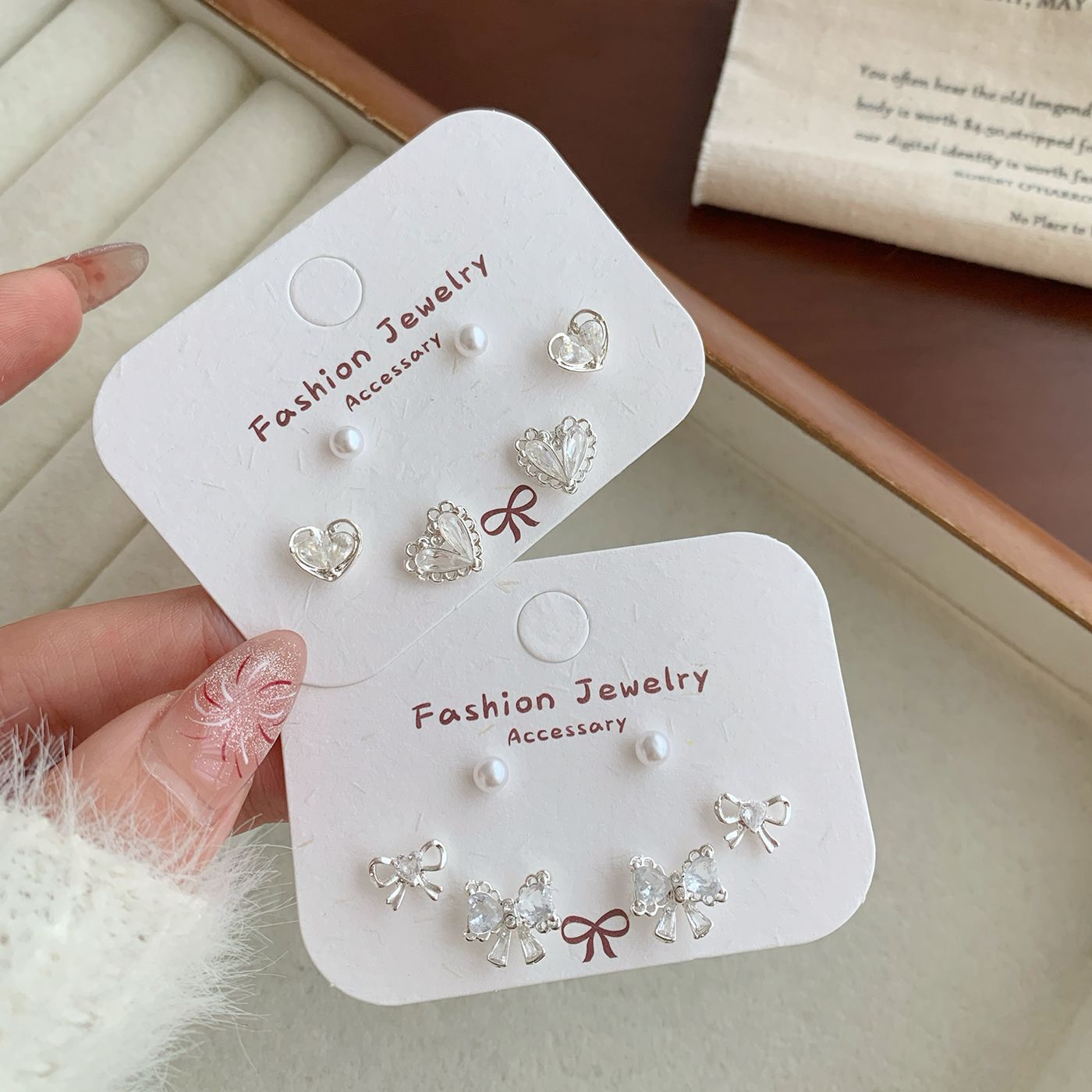 Korean version small and exquisite silver studded with zircon bow stud earrings three-piece set, sweet and heart-shaped female silver needle earrings full figure