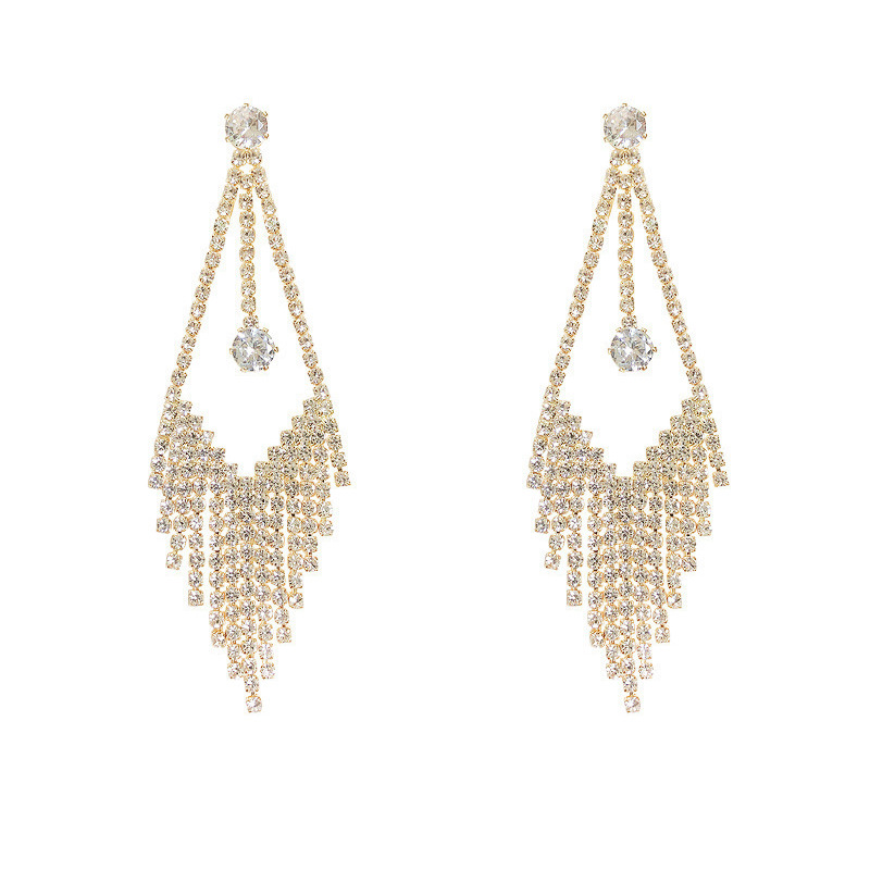Exquisite and light luxury geometric tassel earrings, Korean high-end diamond-encrusted rhombic earrings, super dazzling cold style earrings wholesale Item Picture