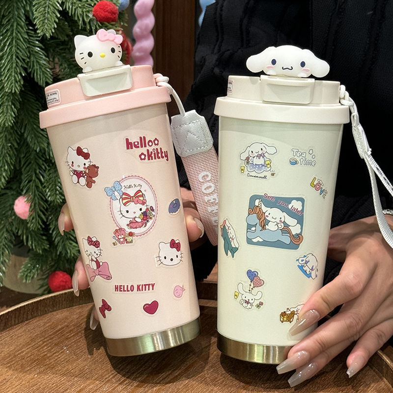 316 insulated cup, Korean style, high appearance level, cartoon kt coffee cup with handle, double drinking cup, insulated water cup, straw full figure
