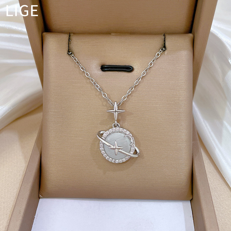 【 Titanium Steel 】 Light luxury slightly inlaid real gold cat's eye stone Planet necklace, new women's collarbone chain, light luxury and niche design sense Specification drawing