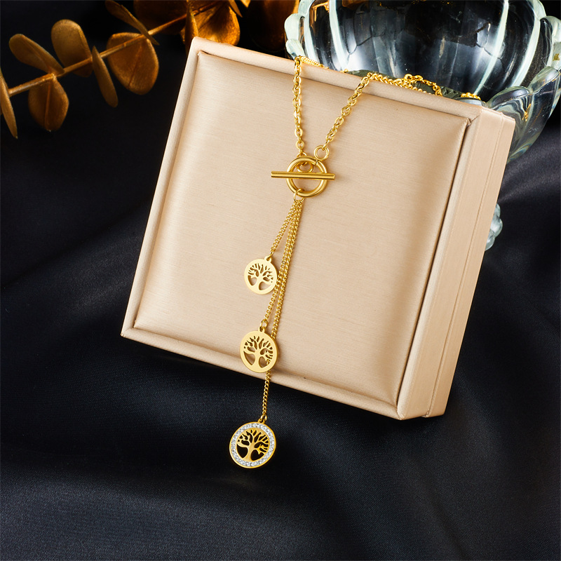 European and American fashionable and individual design, retro gold-plated titanium steel chain tassel life tree pendant accessory necklace full figure